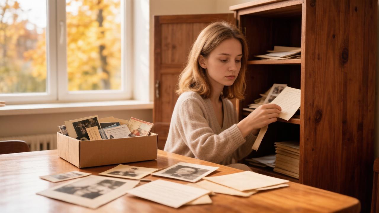 Женщина разбирает старые вещи и документы дома, совет дня для знаков зодиака о наведении порядка.